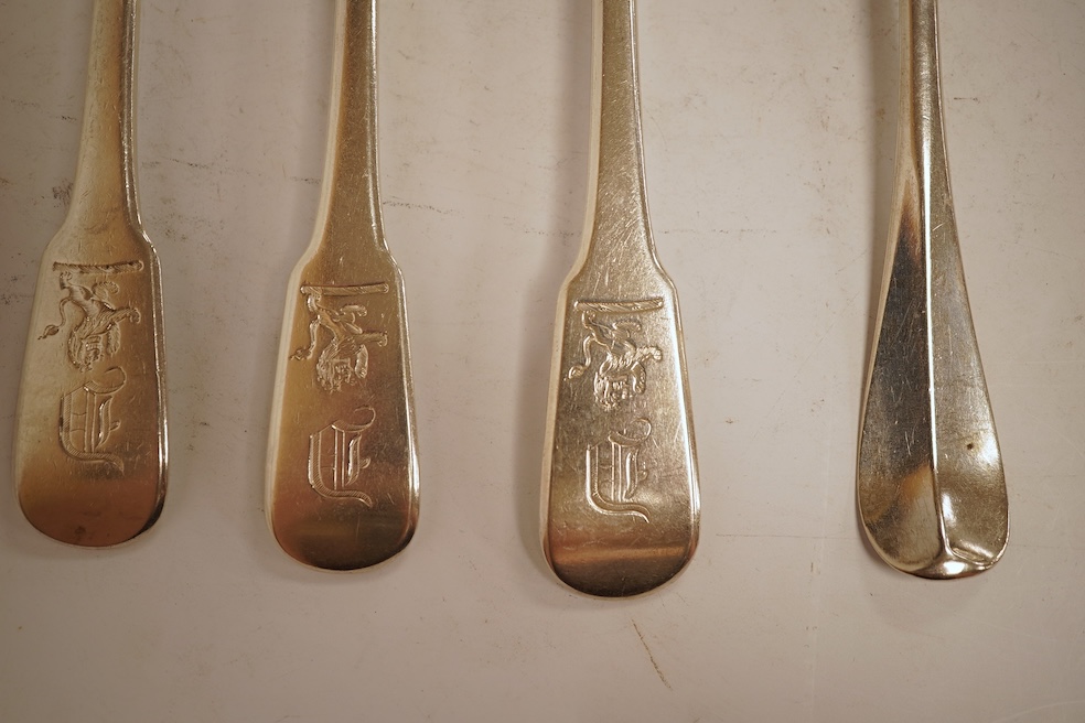 A set of five George I silver Hanoverian rat-tail pattern table spoons by Samuel Hitchcock, London, 1725 and four George IV silver fiddle pattern table forks, with engraved initial and crest, William Bateman, London, 182